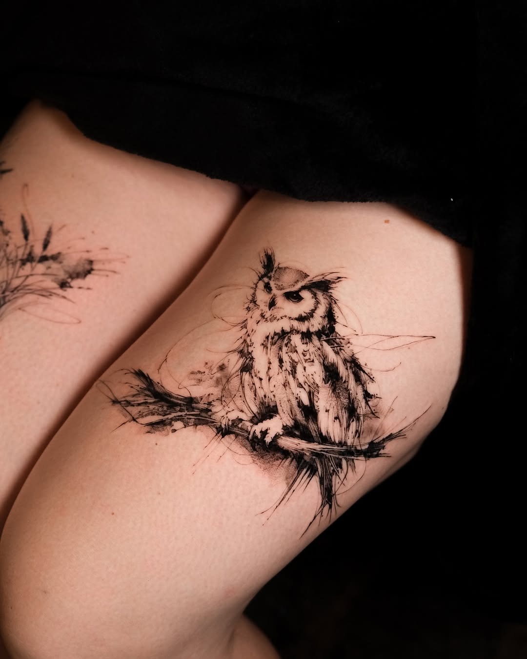 Whimsical owl perched on a branch tattoo Tattoo Design
