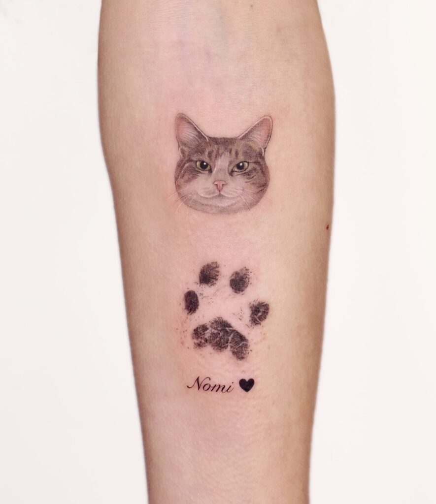Cat Portrait and Paw Print Tattoo Tattoo Design
