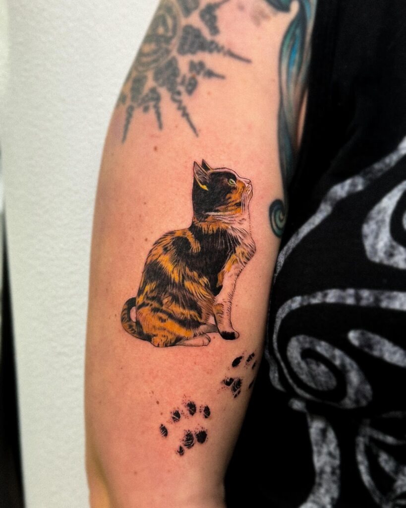 Cat Portrait with Paw Print Trail Tattoo Tattoo Design