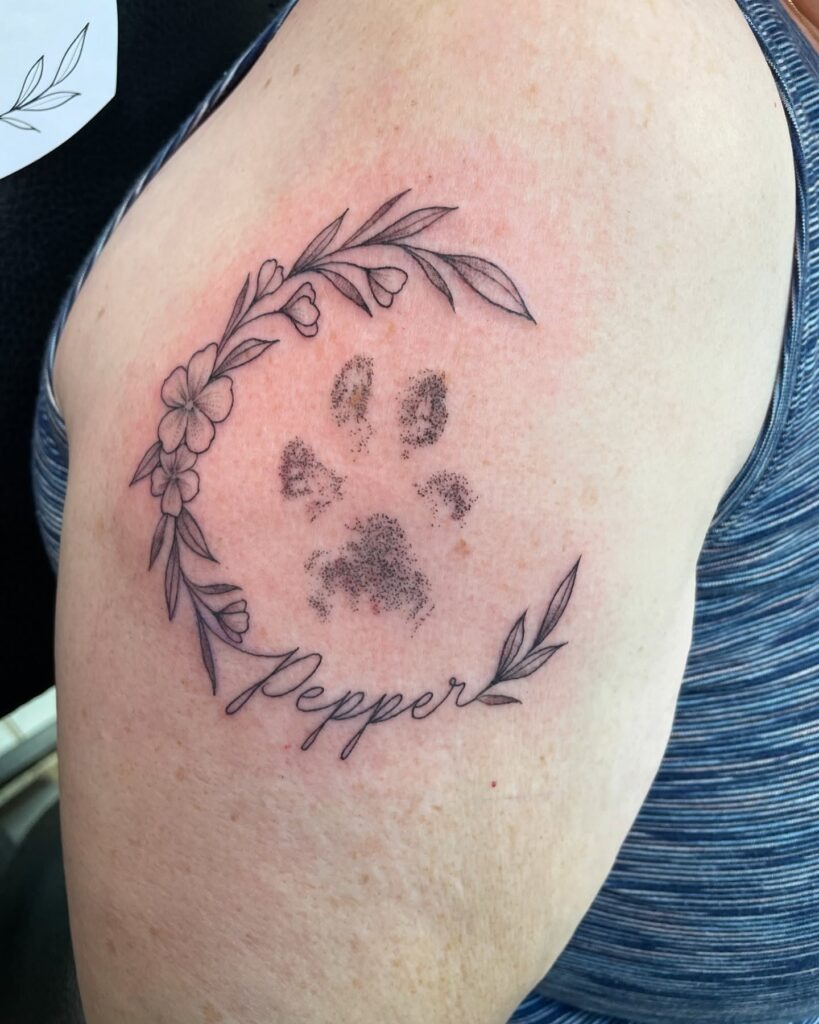 Floral Paw Print Tattoo with Name Tattoo Design