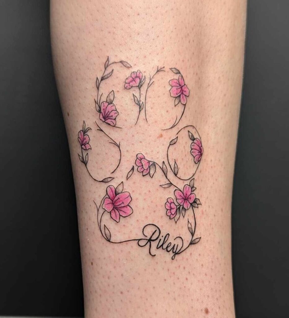 Floral Paw Print with Name Tattoo Tattoo Design