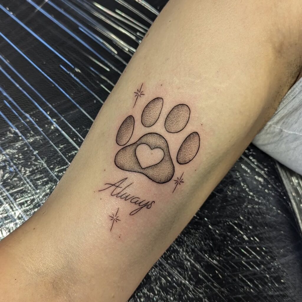 Paw Print Tattoo with Heart and “Always” Tattoo Design