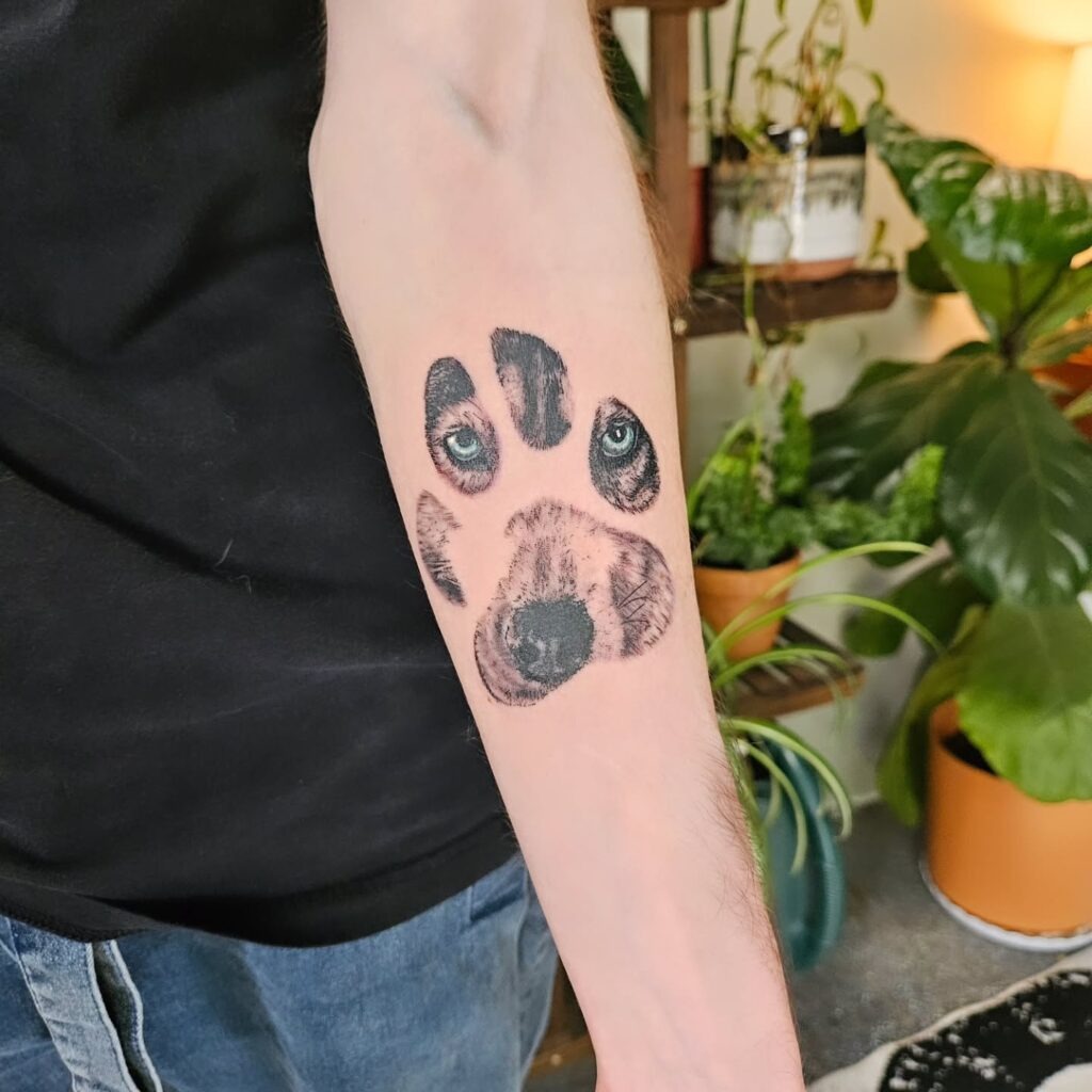Paw Print Tattoo with Pet Portrait Eyes Tattoo Design