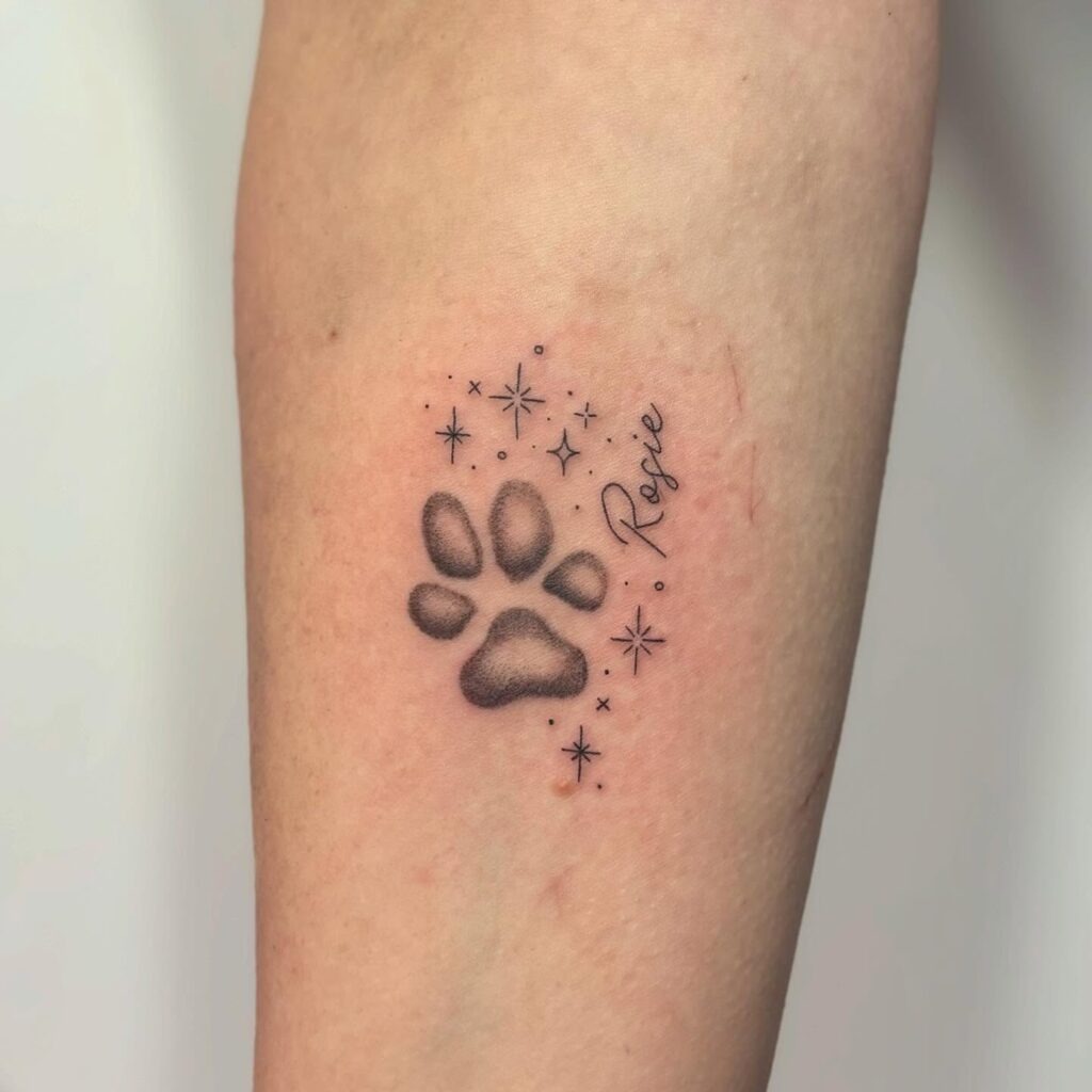 Paw Print Tattoo with Stars and Name Tattoo Design