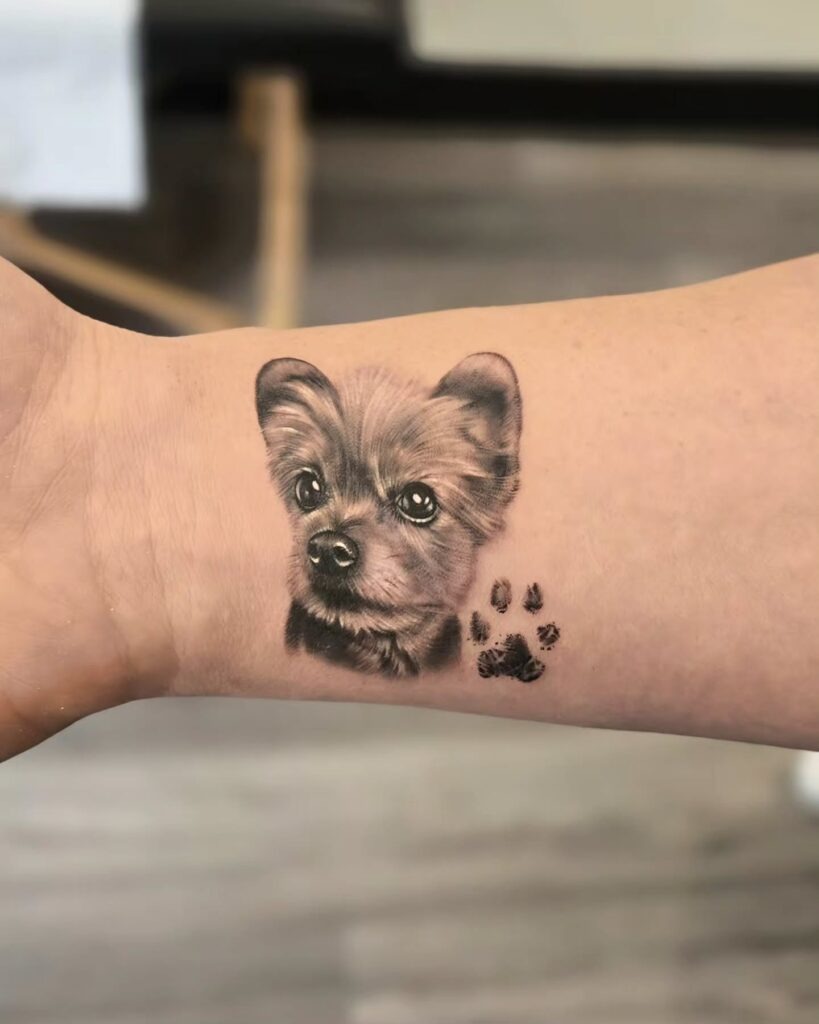 Realistic Pet Portrait with Paw Print Tattoo Tattoo Design