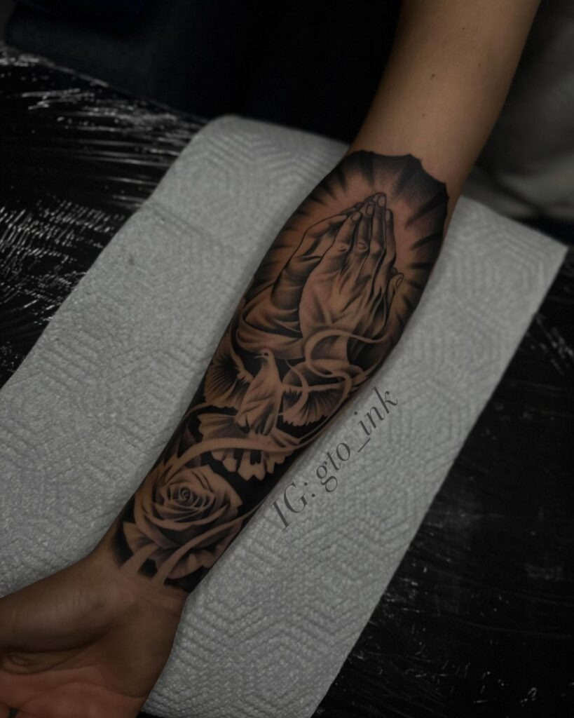 Blessed Chest Tattoo with Praying Hands and Family Quote Tattoo Design