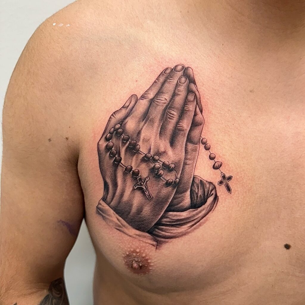 Chest Praying Hands with Rosary Tattoo Tattoo Design