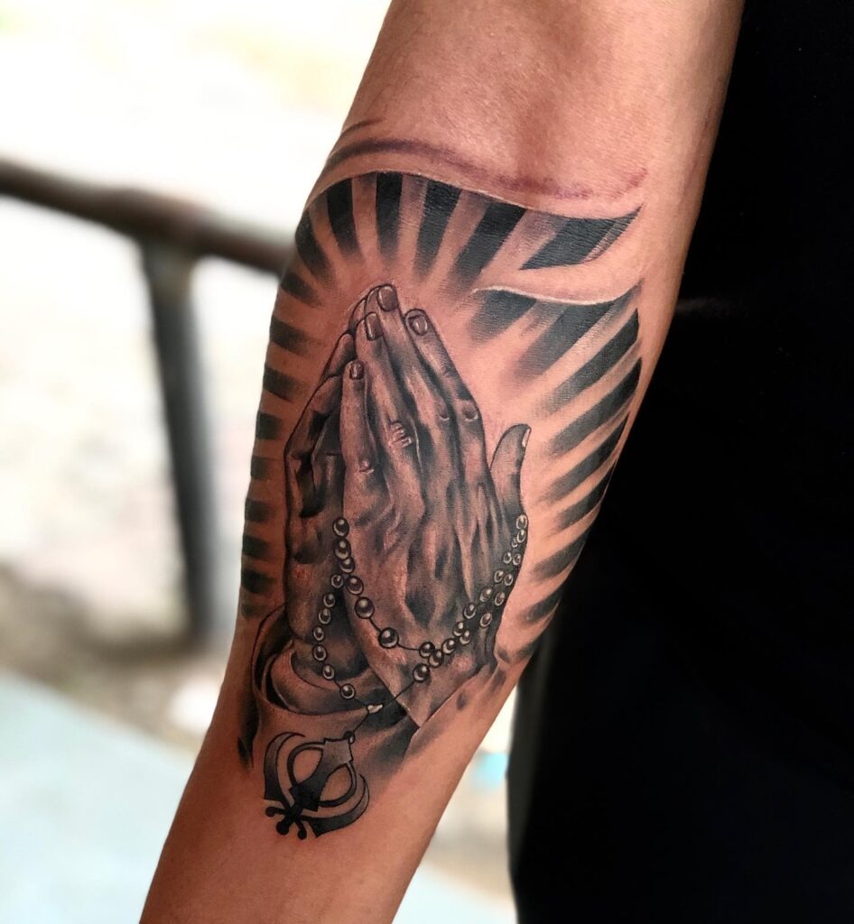 Full Sleeve Praying Hands with Dove, Rose, and Light Rays Tattoo Tattoo Design