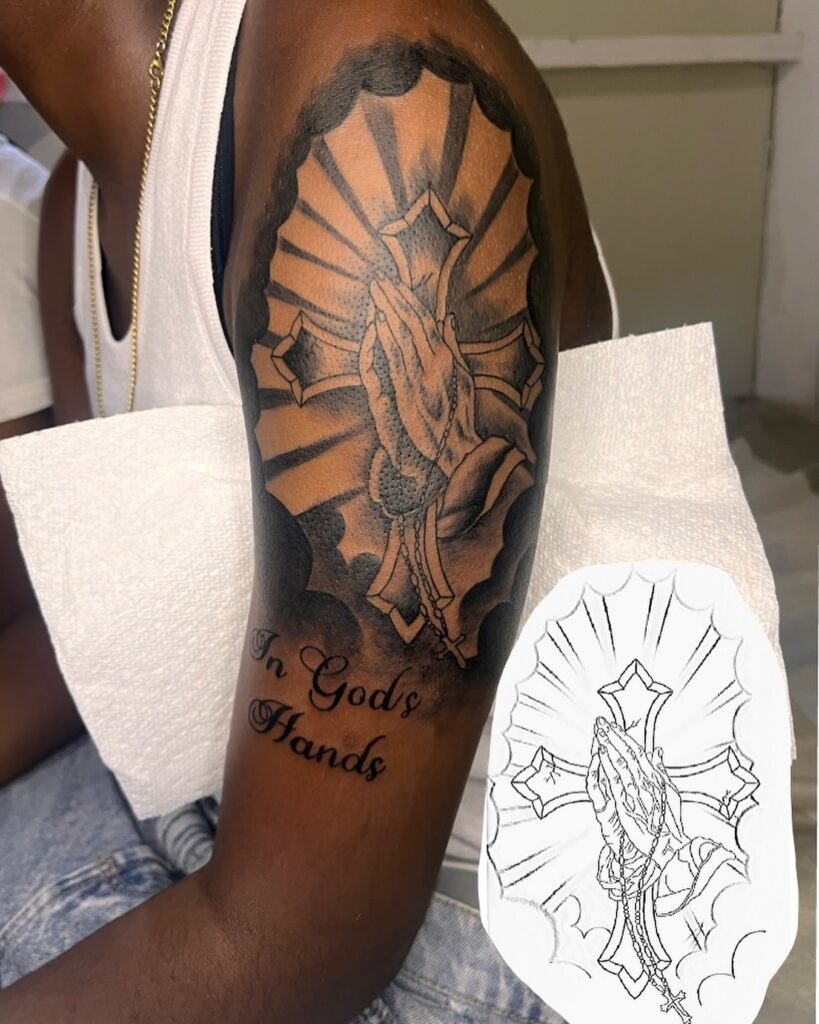 In God's Hands Tattoo with Cross and Beams Tattoo Design