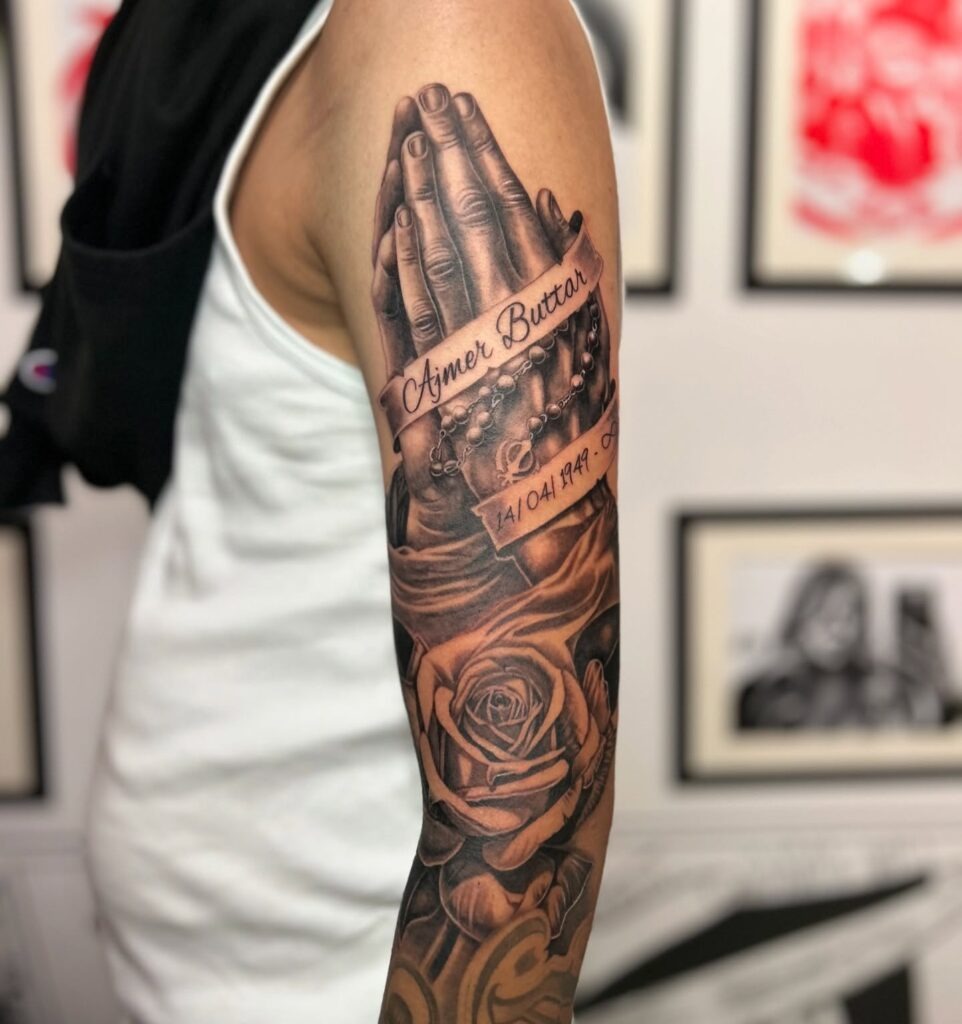 Memorial Praying Hands Tattoo with Name and Rosary Tattoo Design