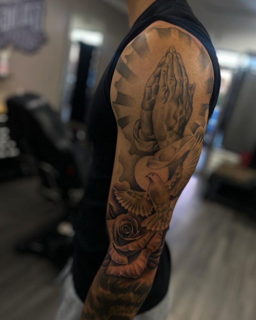 Minimal Praying Hands and Number Tattoo Tattoo Design