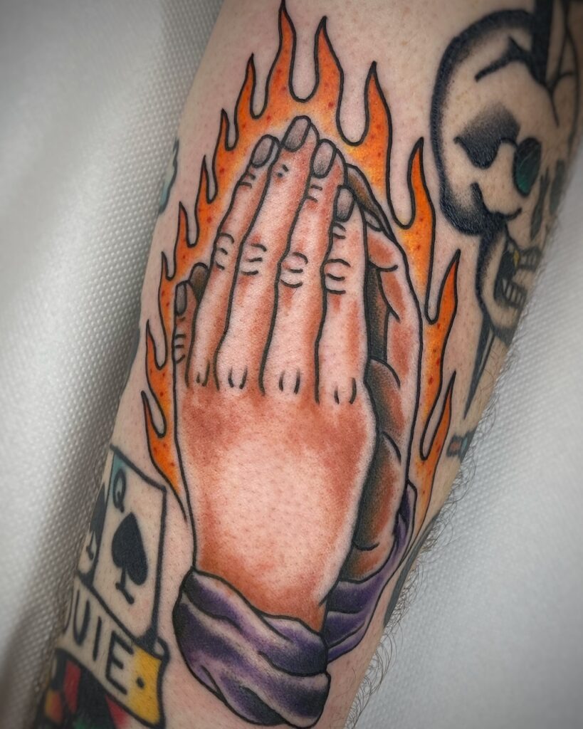 Minimalist Praying Hands Tattoo on Forearm Tattoo Design