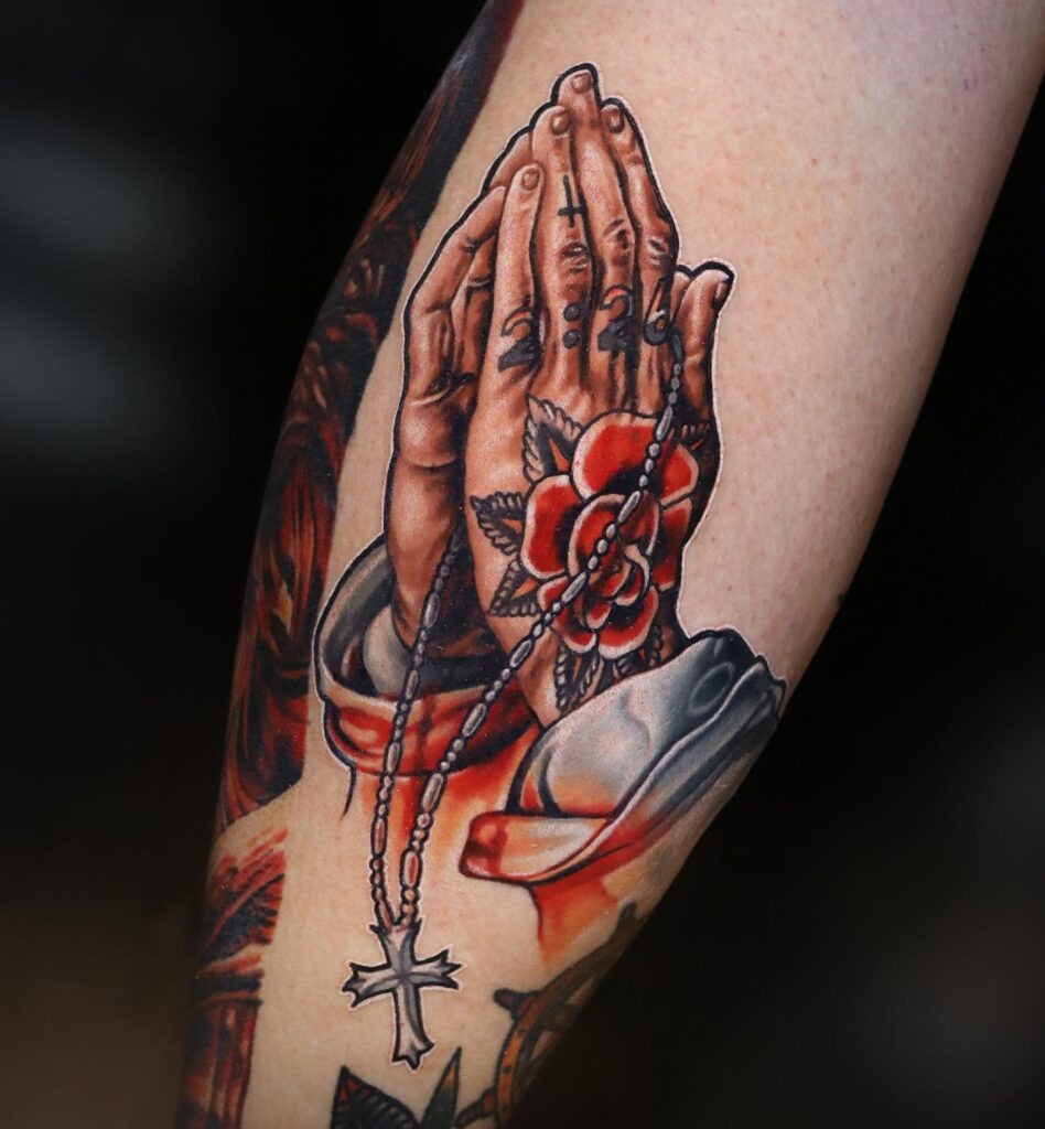 Neo-Traditional Praying Hands with Rose and Rosary Tattoo Tattoo Design