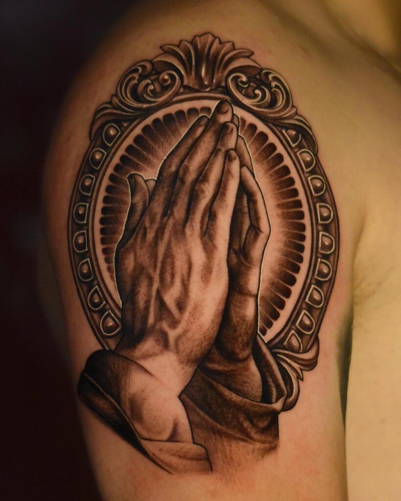 Ornate Framed Praying Hands Tattoo Tattoo Design