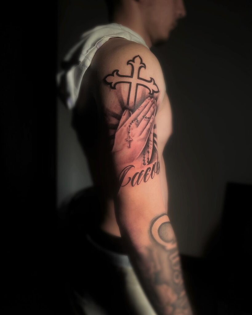 Praying Hands Neck Tattoo with Bold Shading Tattoo Design
