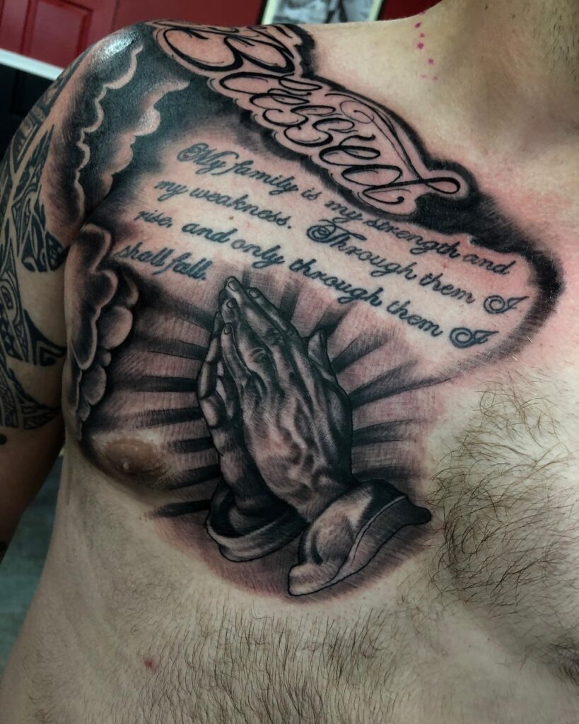 Praying Hands with Clouds and Radiant Light Tattoo Tattoo Design