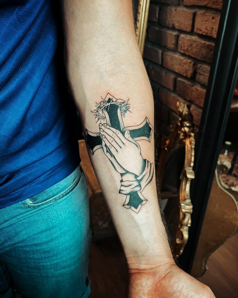Praying Hands with Cross and Crown of Thorns Tattoo Tattoo Design