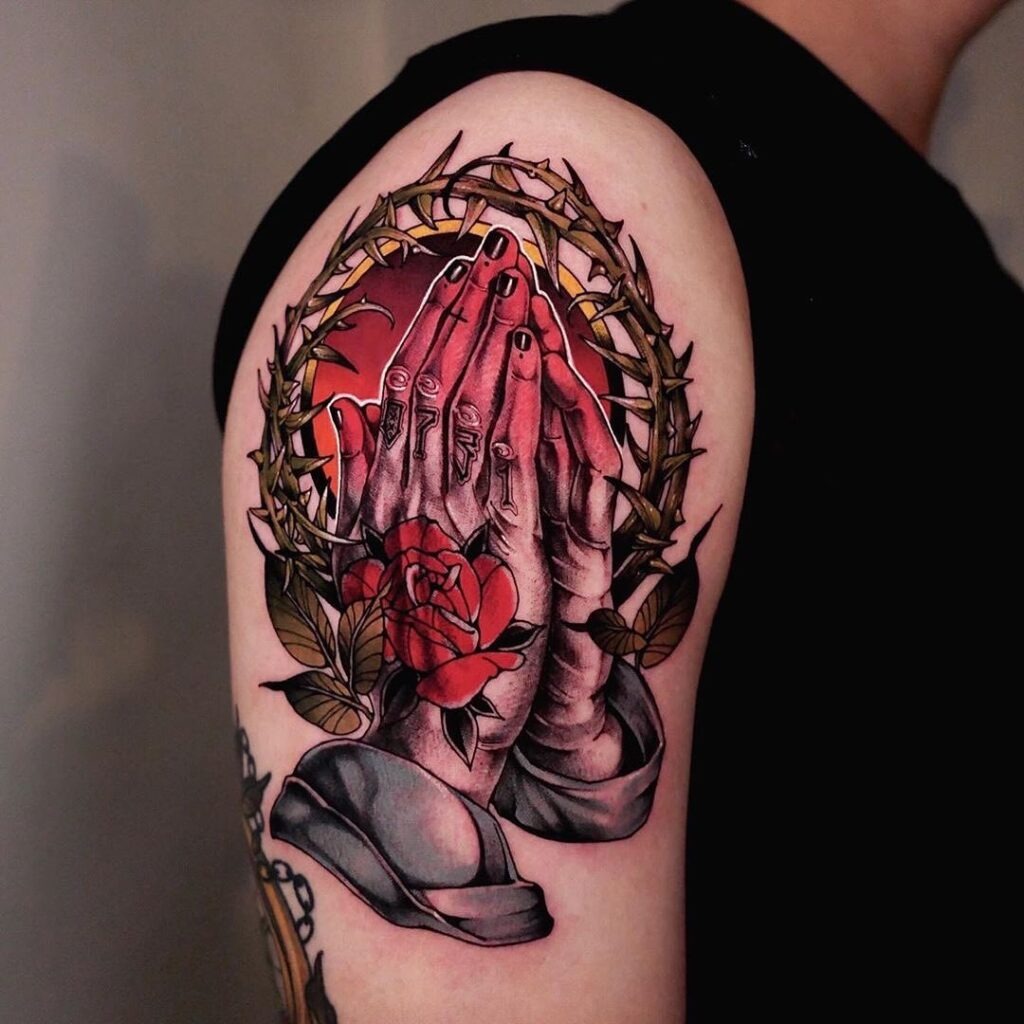 Praying Hands with Crown of Thorns and Rose Tattoo Tattoo Design