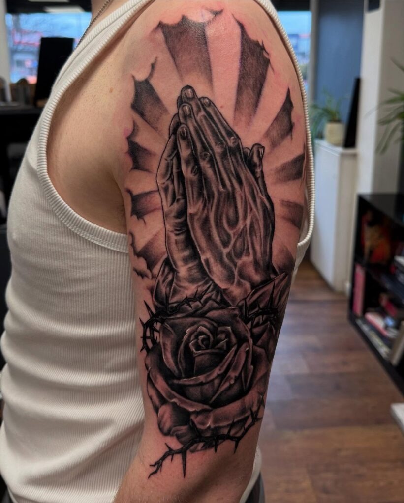 Praying Hands with Rosary and Angel Wings Tattoo Tattoo Design