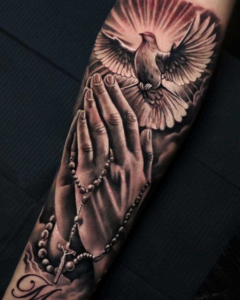 Praying Hands with Rosary and Dove Tattoo Tattoo Design