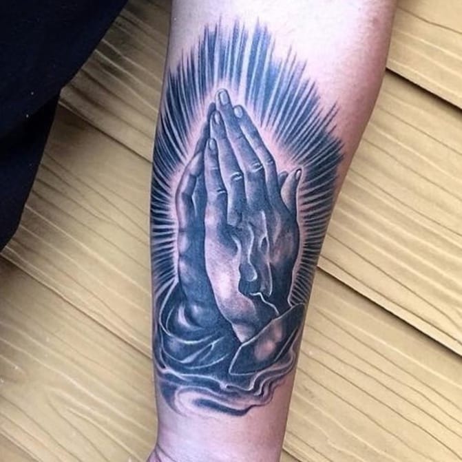 Praying Hands with Rosary and Realistic Rose Tattoo Tattoo Design