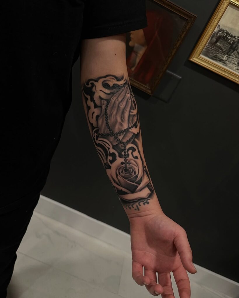 Praying Hands with Rosary and Rose Tattoo Tattoo Design