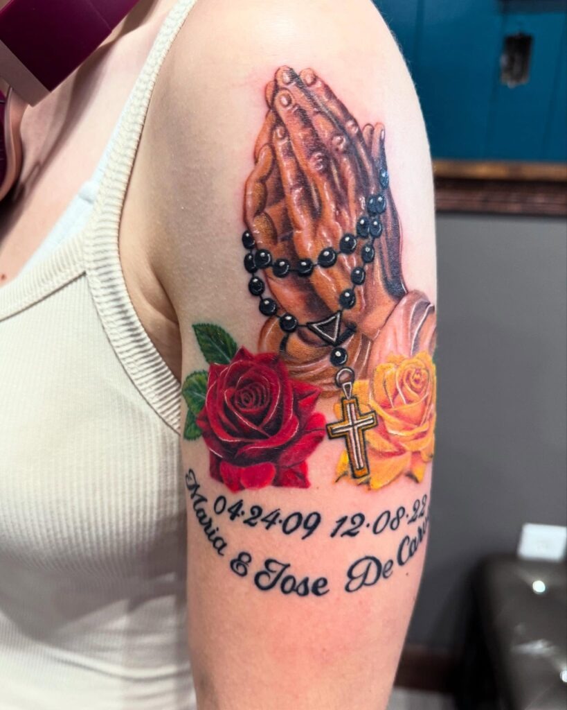 Praying Hands with Rosary and Roses Tattoo Tattoo Design