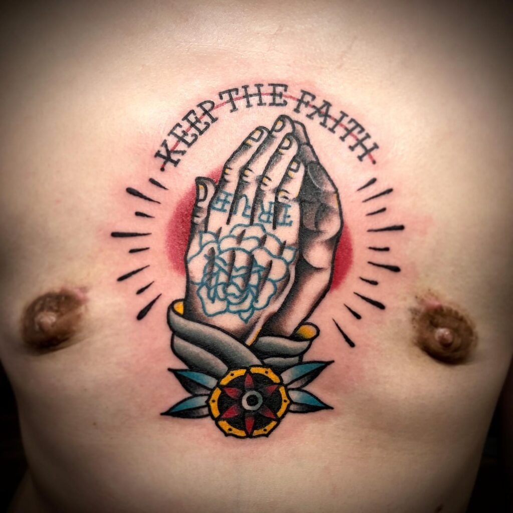 Praying Hands with Rosary, Dove, and Radiant Clouds Tattoo Tattoo Design