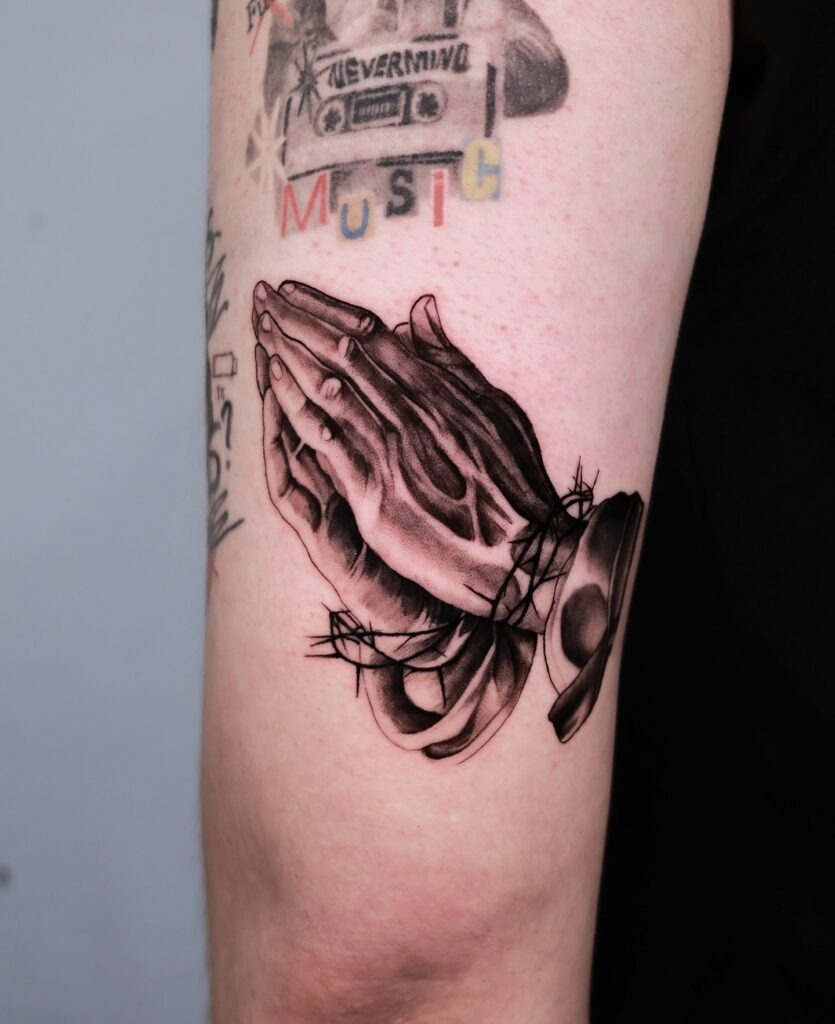 Praying Hands with Rosary Linework Tattoo Tattoo Design