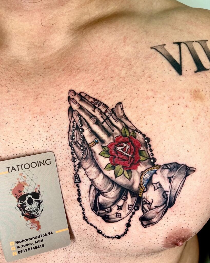 Praying Hands with Rose and Designer Details Tattoo Tattoo Design