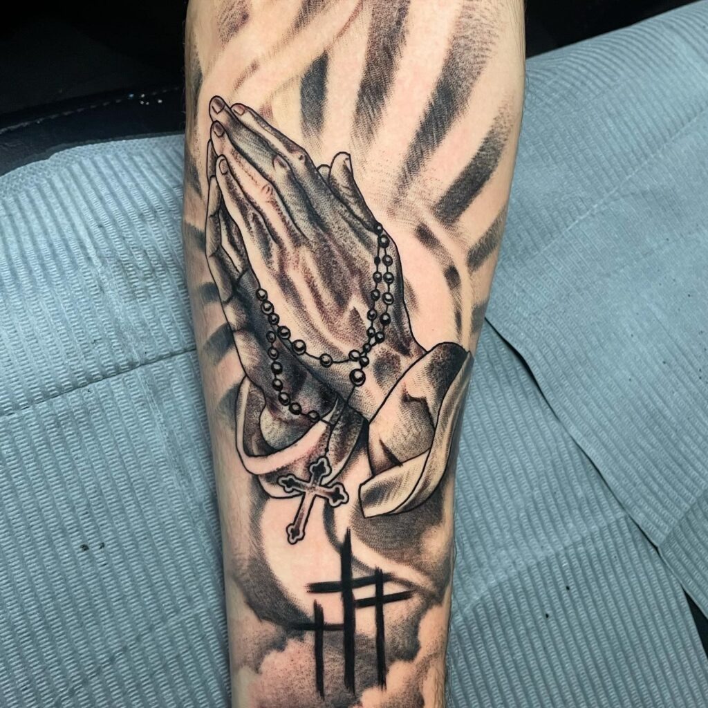 Praying Hands with "Son of God" Banner Tattoo Tattoo Design