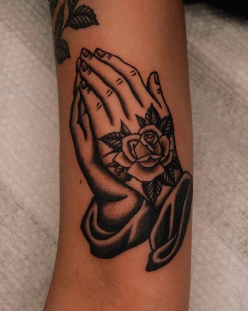 Praying Hands with Traditional Rose Tattoo Tattoo Design