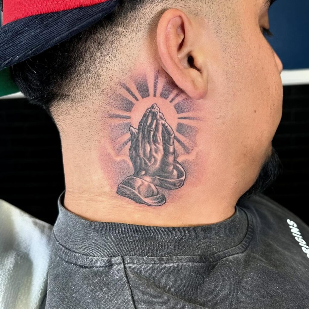 Radiant Praying Hands Neck Tattoo Tattoo Design