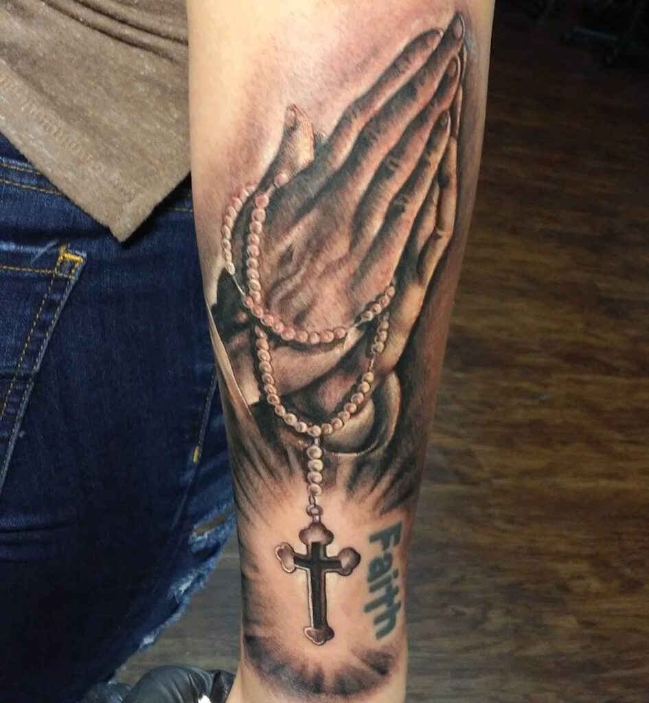 Rosary Praying Hands with Faith Forearm Tattoo Tattoo Design