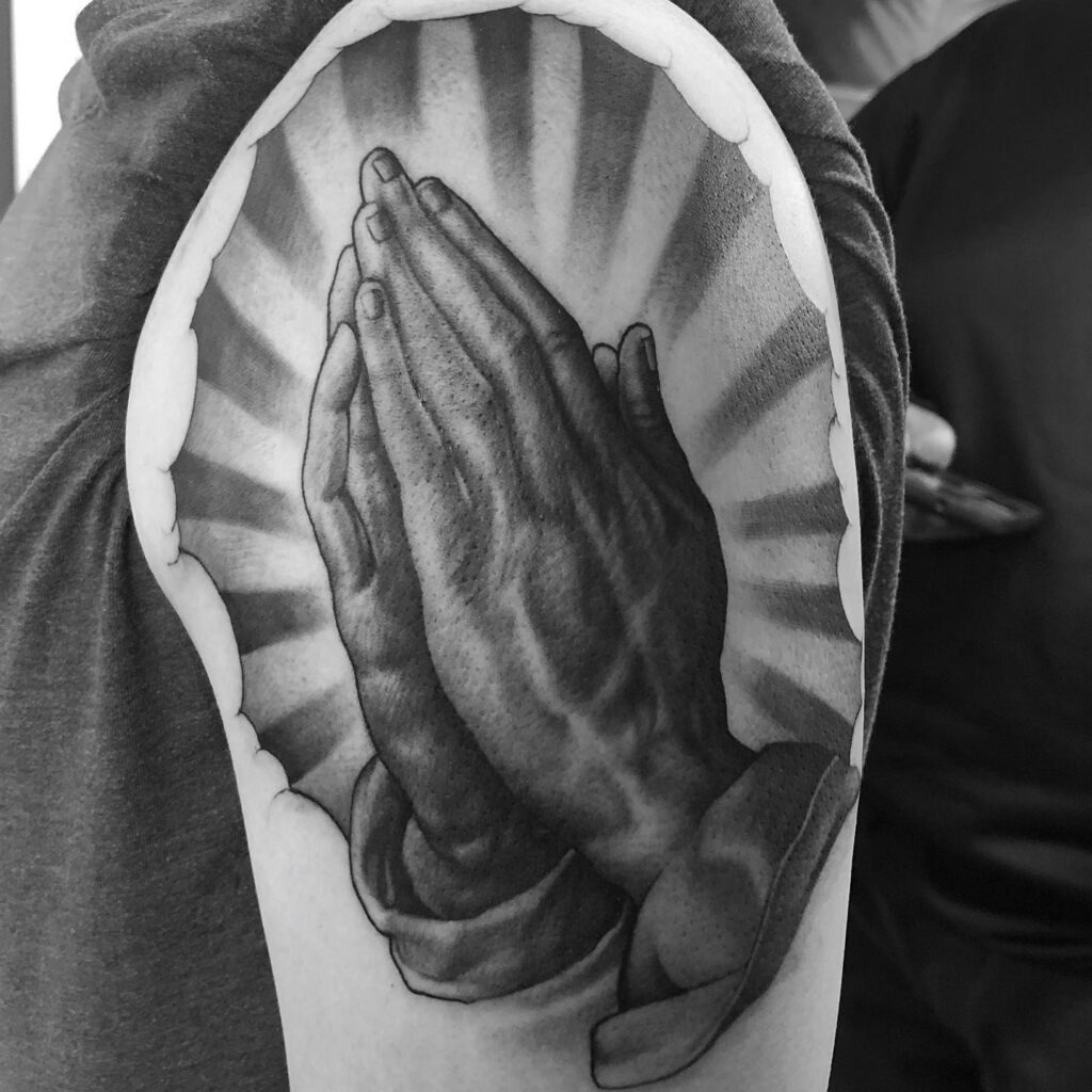 Rosary-Wrapped Praying Hands Forearm Tattoo Tattoo Design