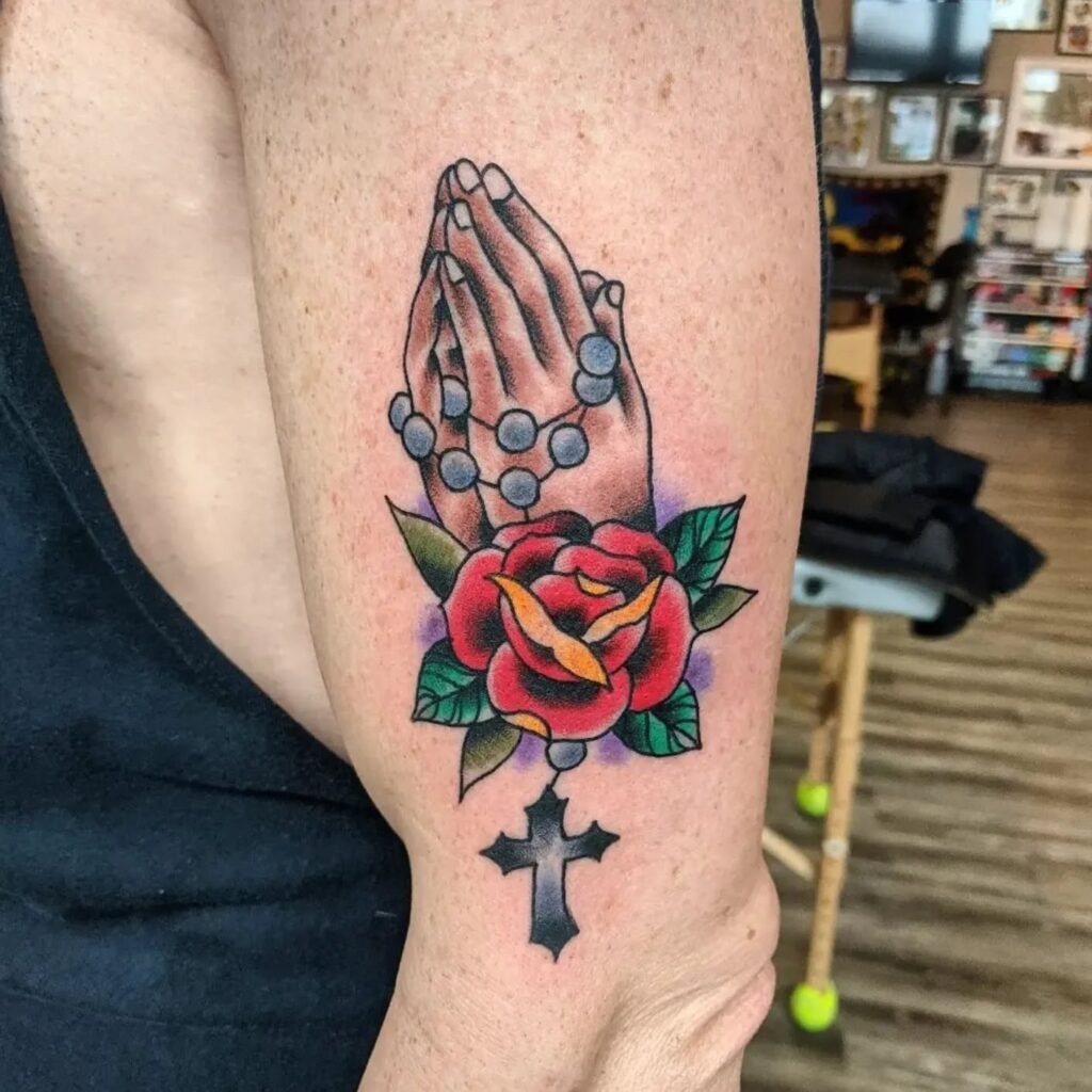 Traditional Praying Hands with Rosary and Rose Tattoo Tattoo Design