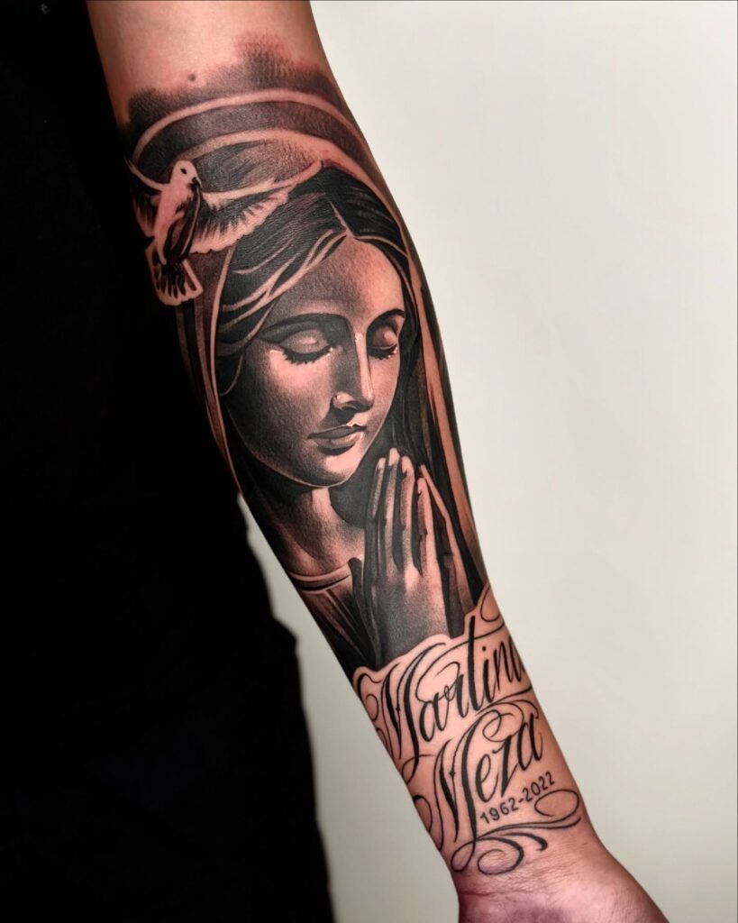 Virgin Mary Memorial Tattoo with Dove and Script Tattoo Design