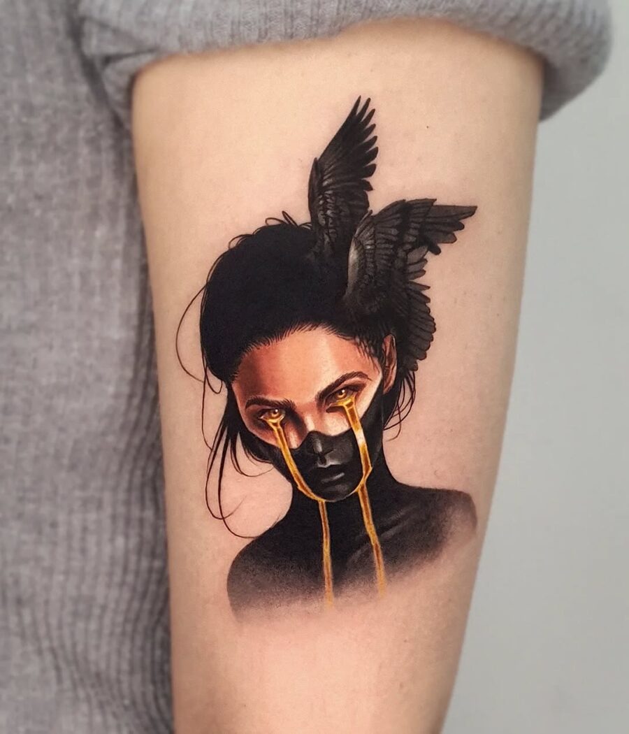 Artistic raven tattoo with gold tears Tattoo Design