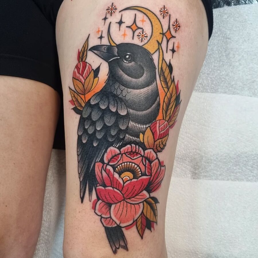 Bold raven tattoo with floral elements Tattoo Design