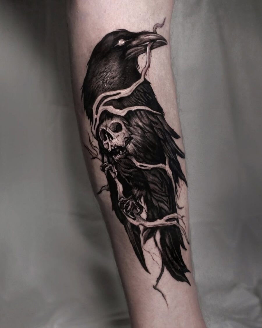 Detailed raven tattoo with dark thematic elements Tattoo Design