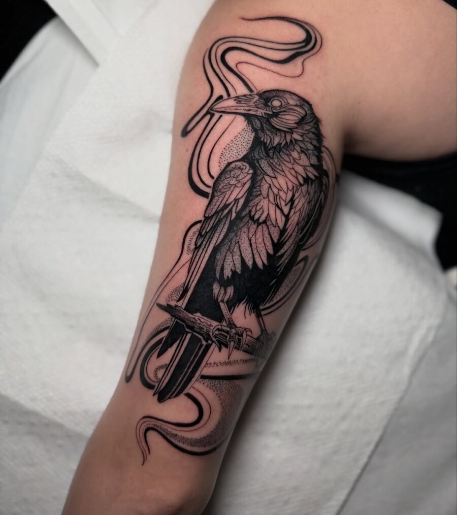 Elegant black raven tattoo with flowing elements. Tattoo Design