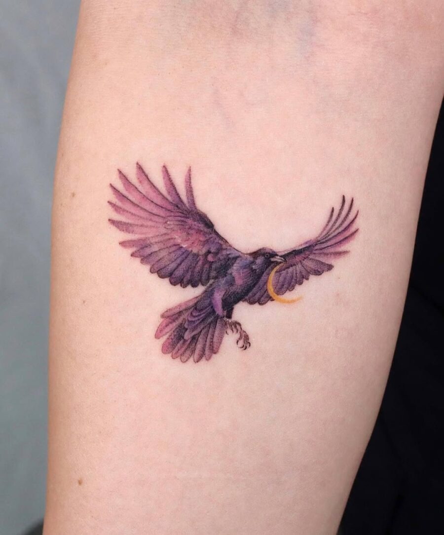 Ethereal raven tattoo with elegant flight details Tattoo Design