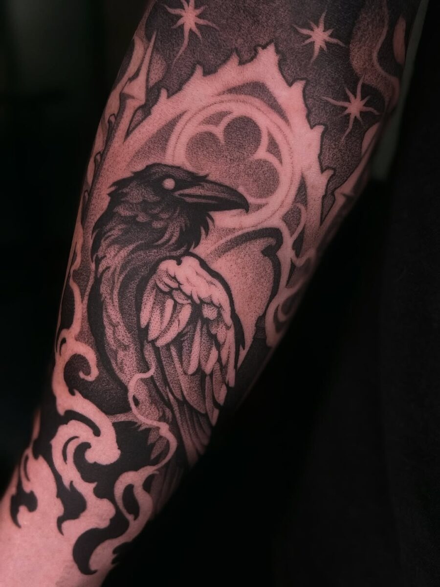 Intricate raven tattoo with bold black elements Tattoo Design
