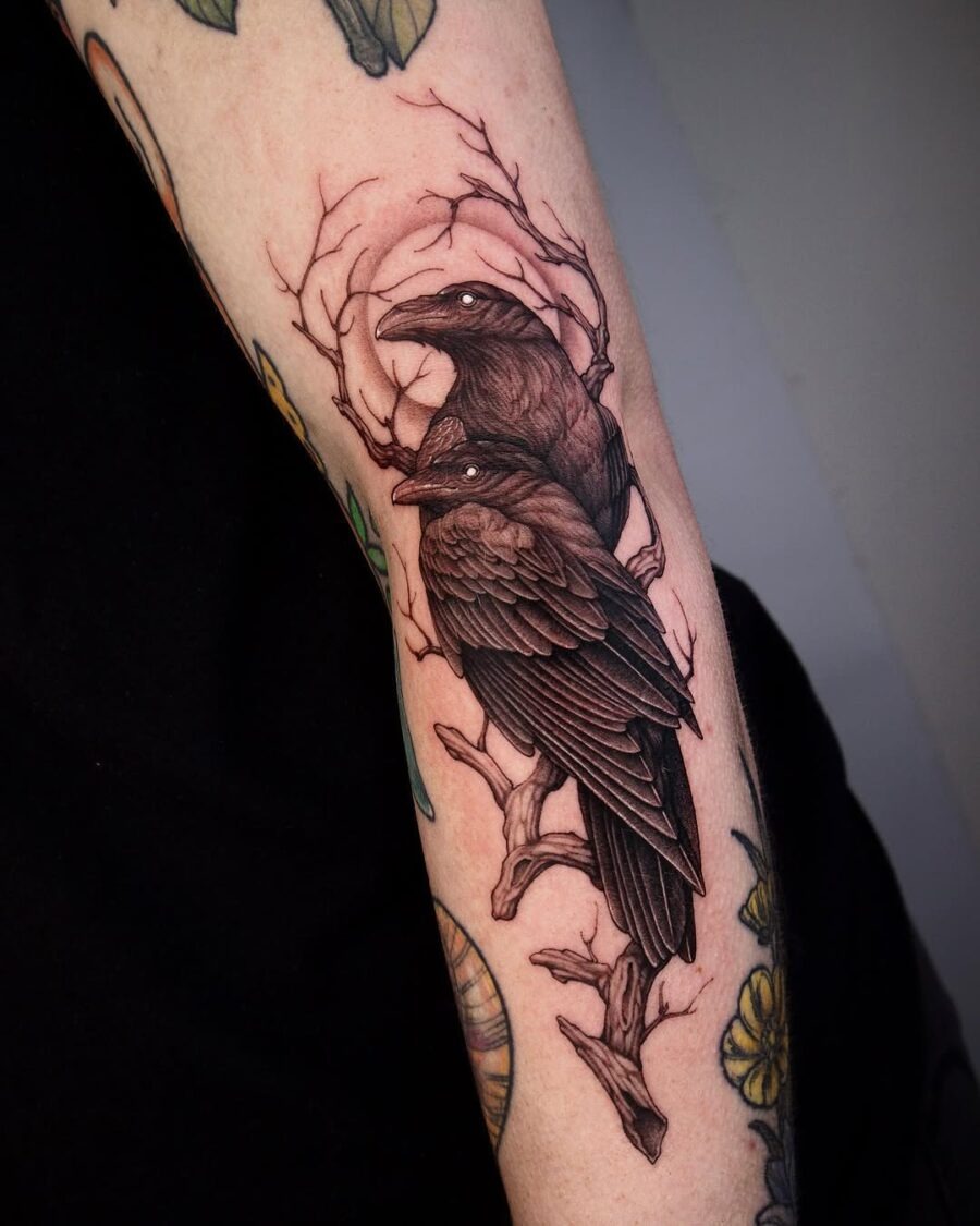 Intricate raven tattoo with elegant details Tattoo Design