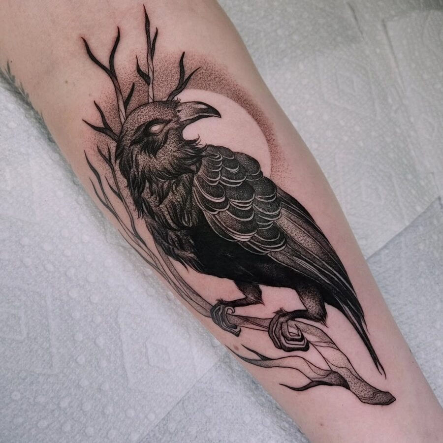 Intricate raven tattoo with nature elements Tattoo Design