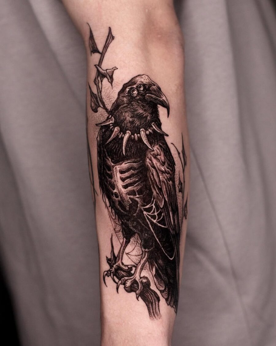 Intricate raven tattoo with skeletal elements Tattoo Design