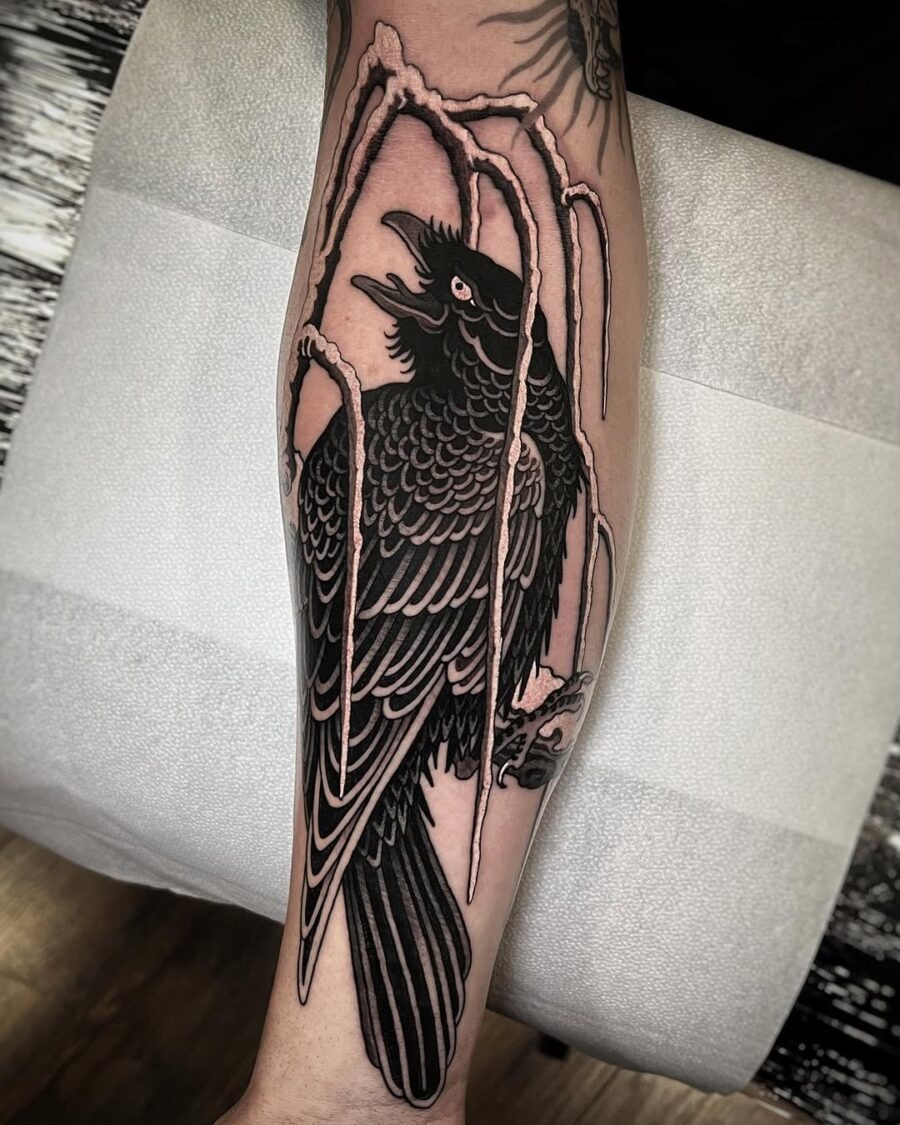 Intricate raven tattoo with stylized elements Tattoo Design