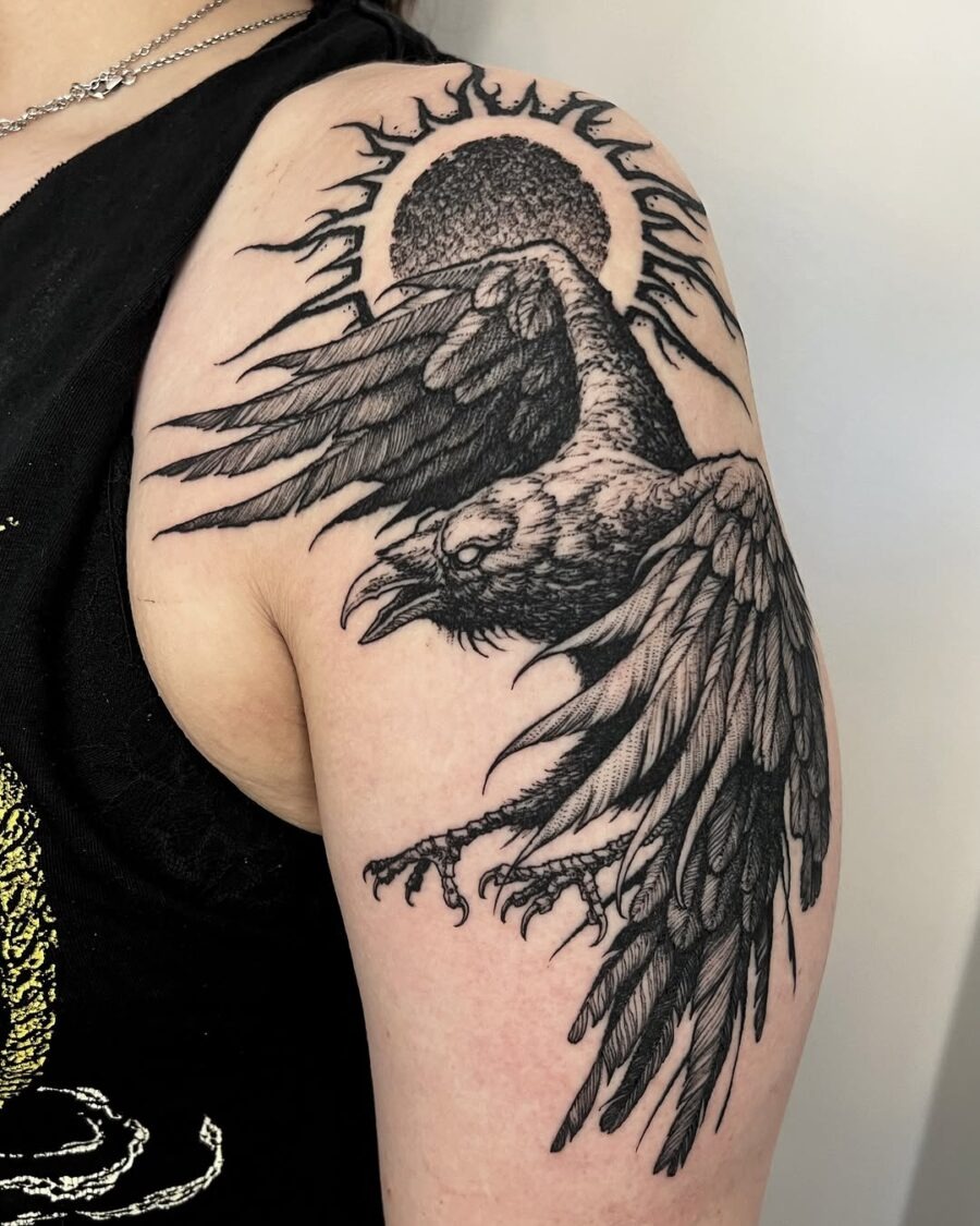 Intricate raven tattoo with sun silhouette Tattoo Design