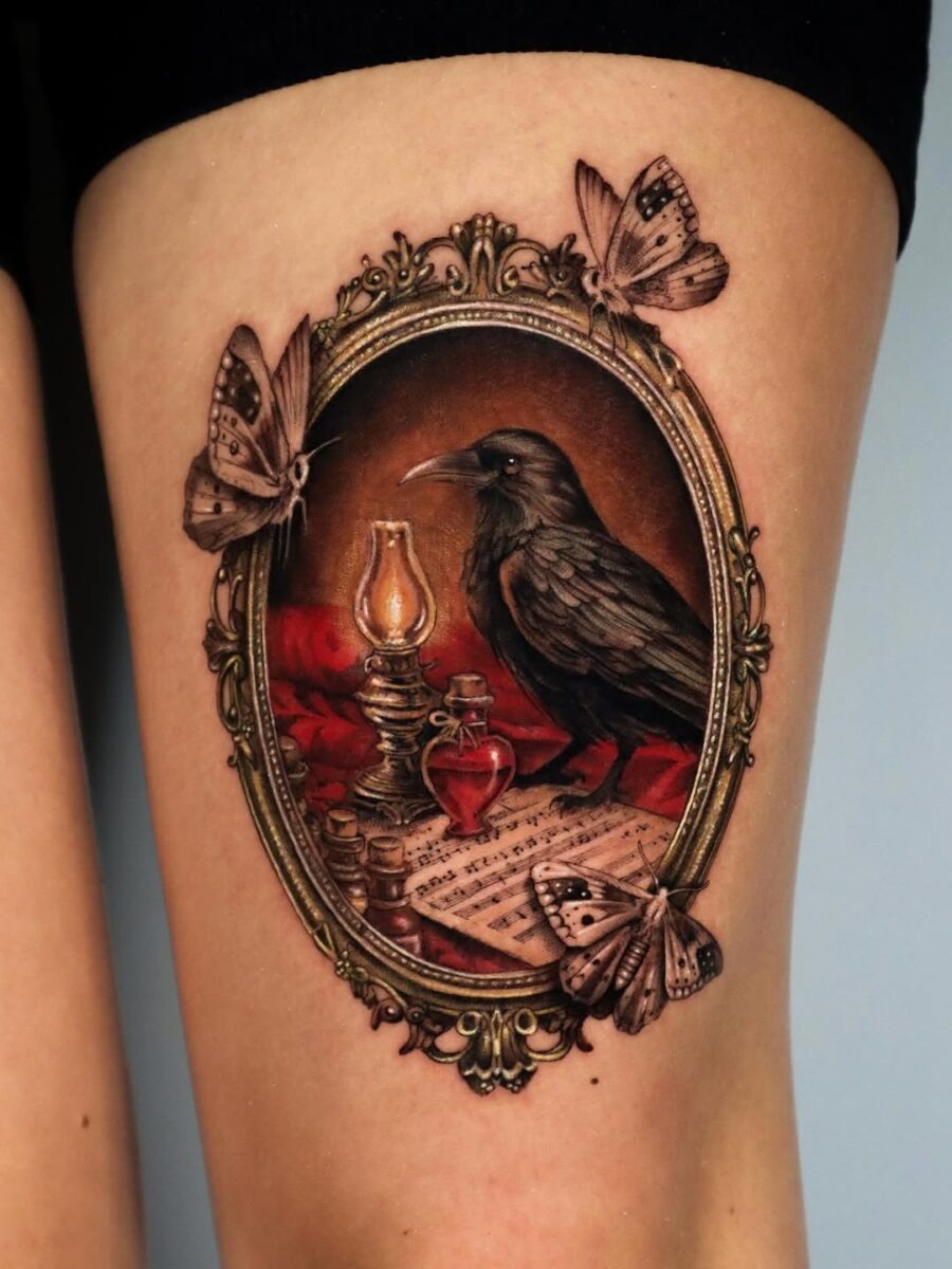 Intricate raven tattoo within a vintage frame Tattoo Design