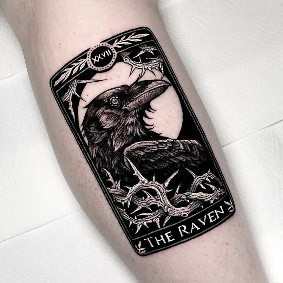 Intricately Designed Raven Tattoo in Black Ink Tattoo Design